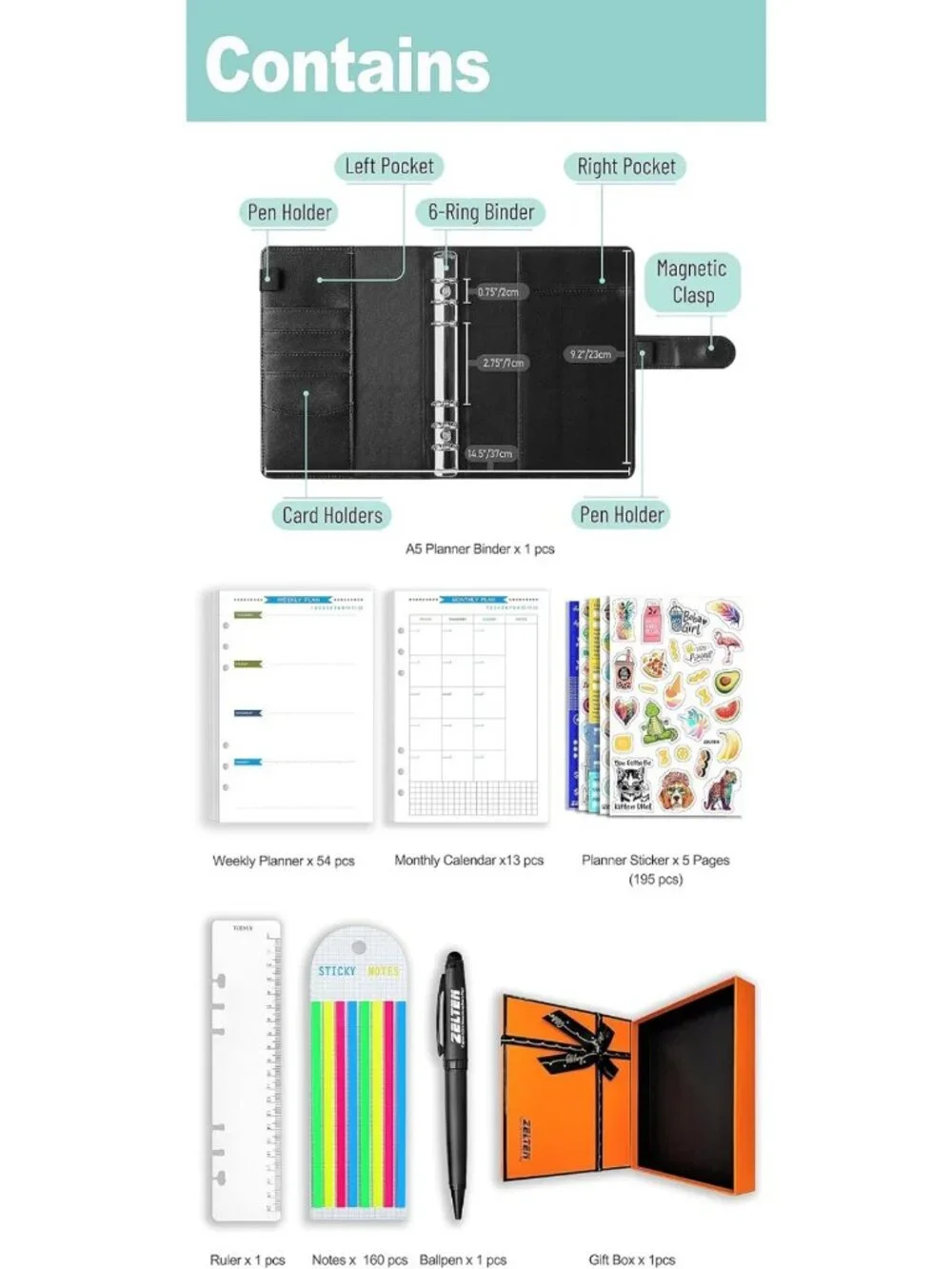 Stylish A5 PU Leather Planner Notebook with 80 Pages, Ring Binder & Pen Holder